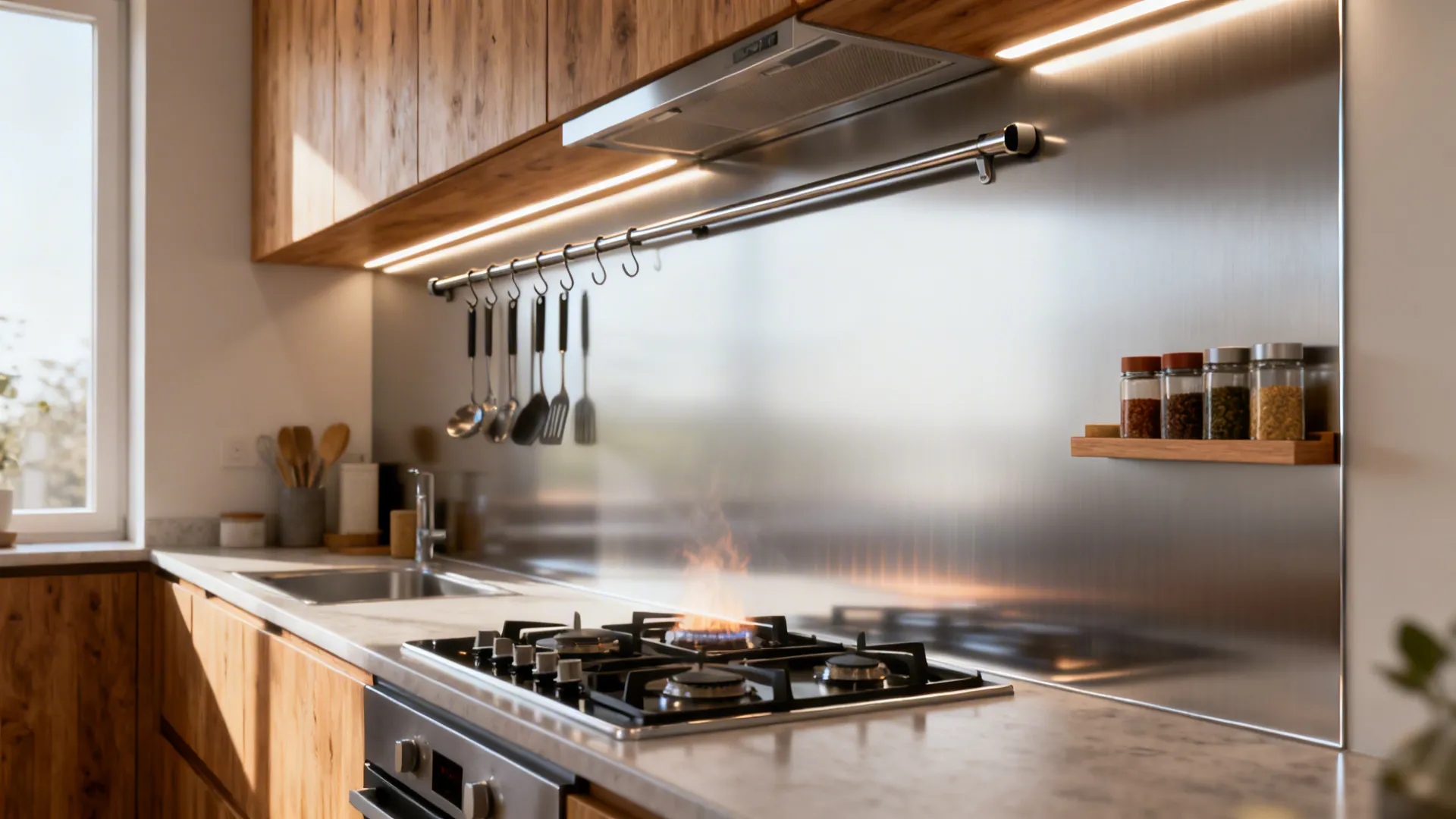 Kitchen stove with blue flame below metal wall panel featuring hanging tools and spice shelf