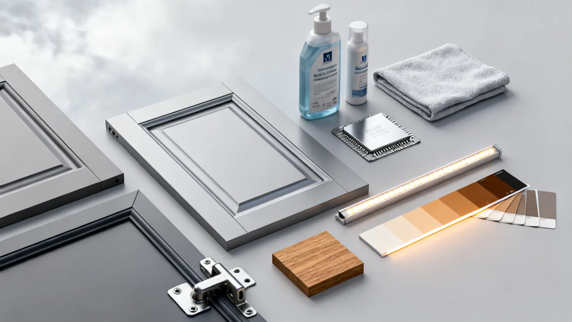 Collection of cabinet door samples, cleaning supplies, a towel, metal hinge, and bright light strip