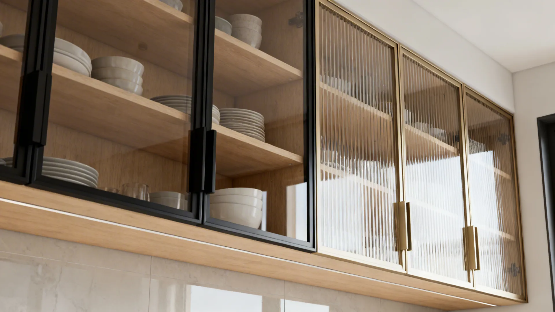 Kitchen wall cabinets with glass doors showing wood shelves with white plates and small bowls