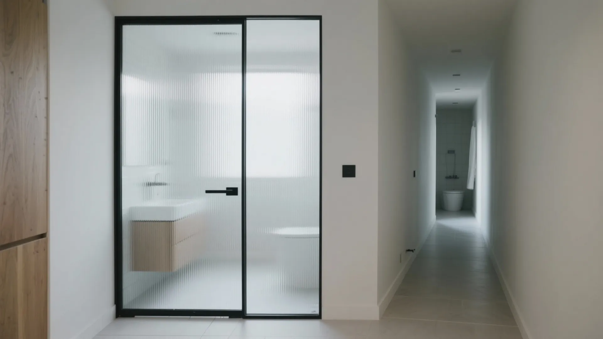 Modern bathroom with frosted glass door black frame white walls cabinet and long narrow hallway