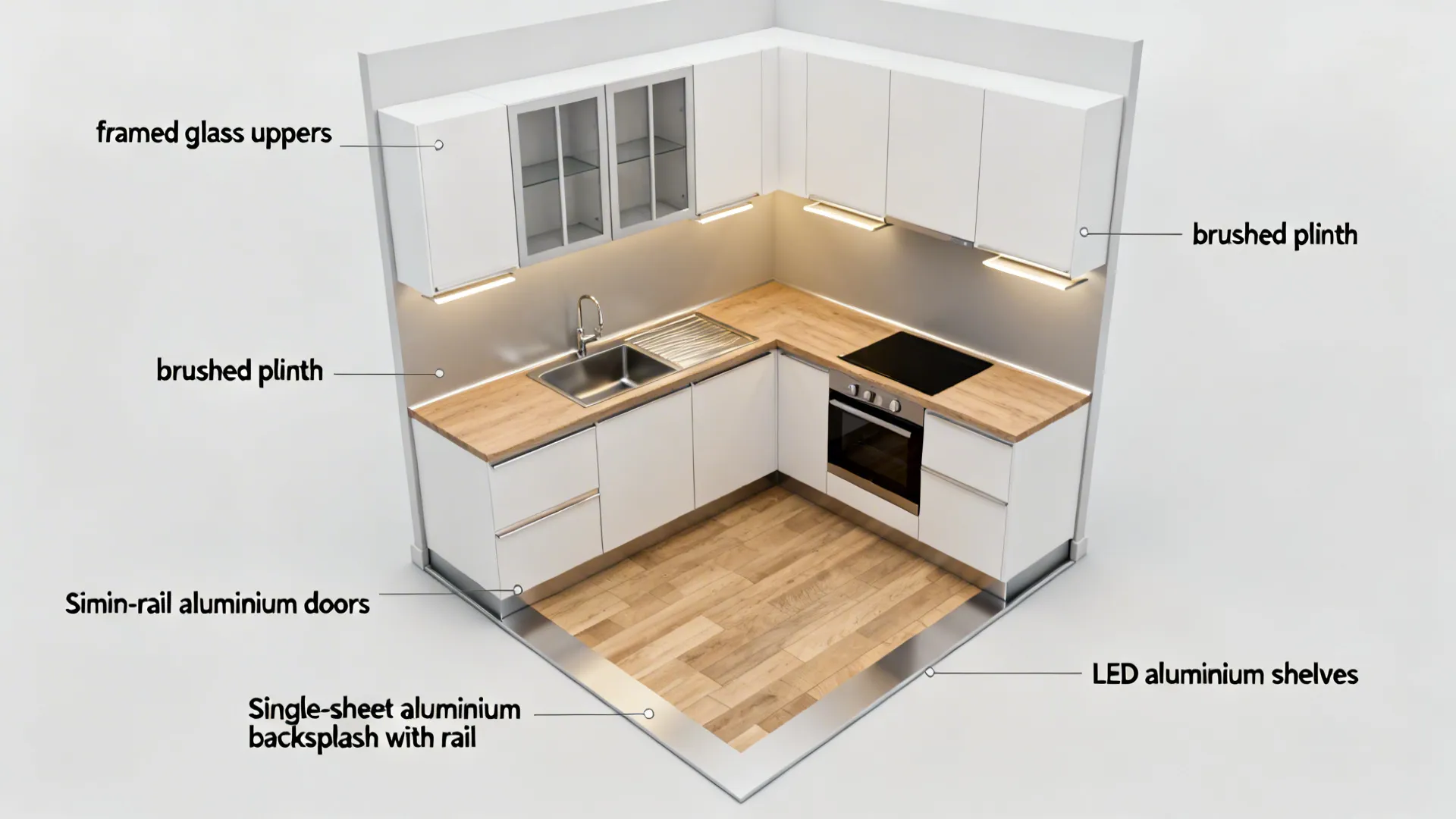 Interior design drawing showing a small white kitchen layout with labels for various furniture parts