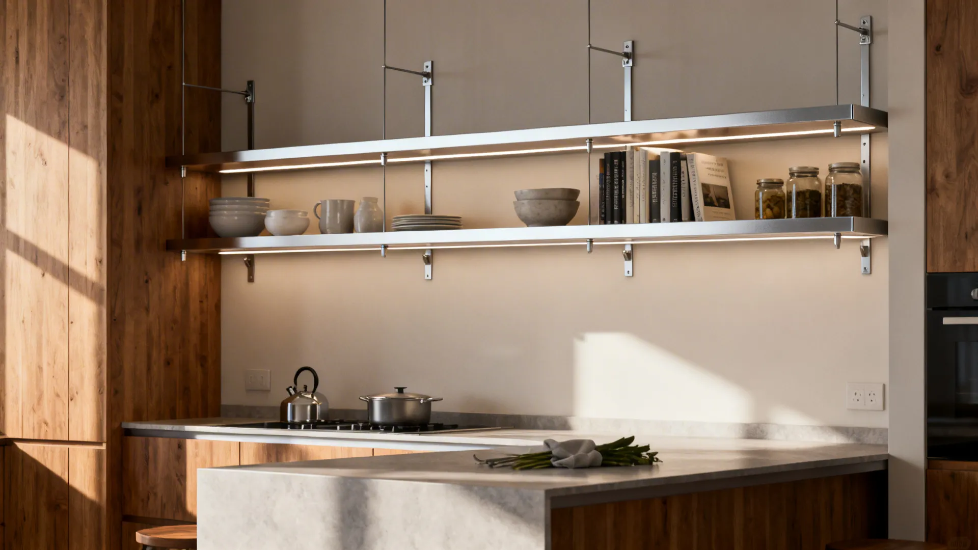 Modern kitchen with wooden cabinets and metal wall shelves displaying bowls, books, and glass jars