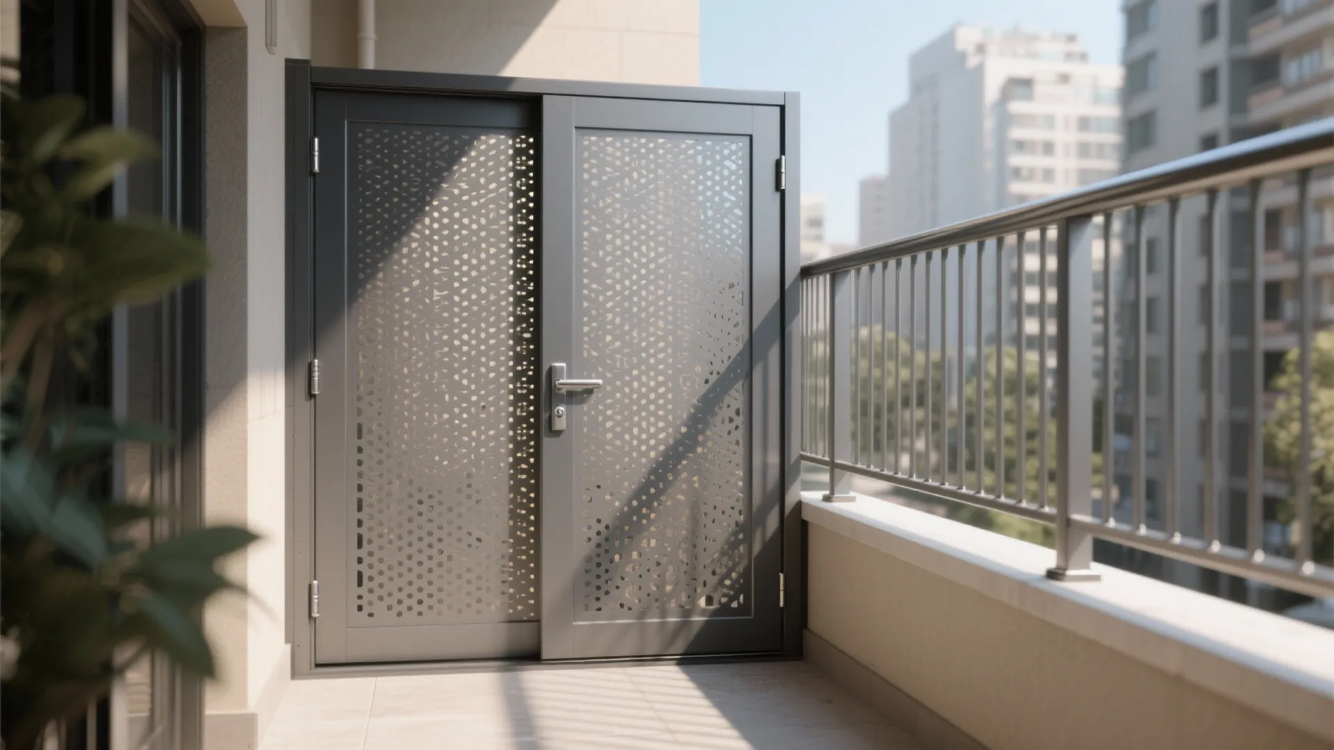 Modern grey metal balcony gate with perforated pattern design under bright sunlight in high-rise building
