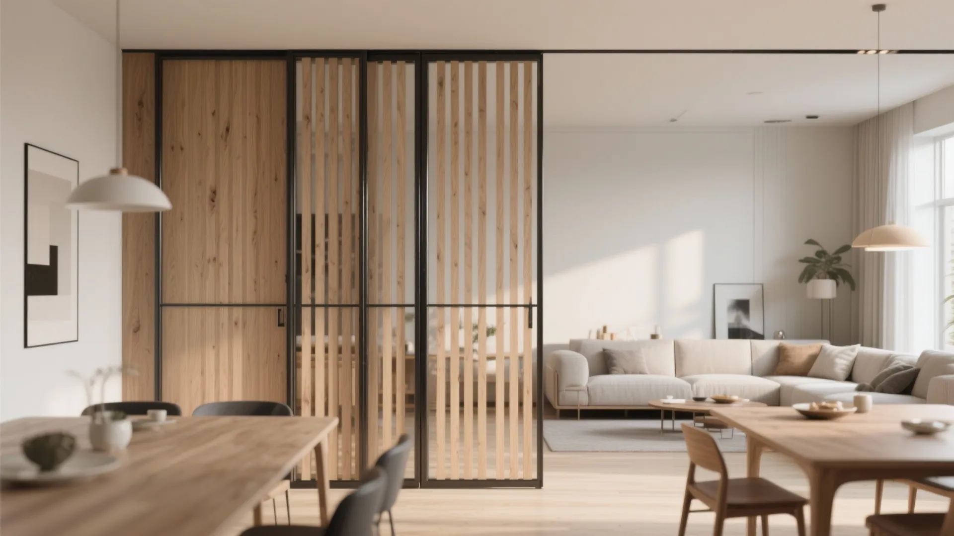 Interior living room space with wooden wall panels and sliding doors used as room divider