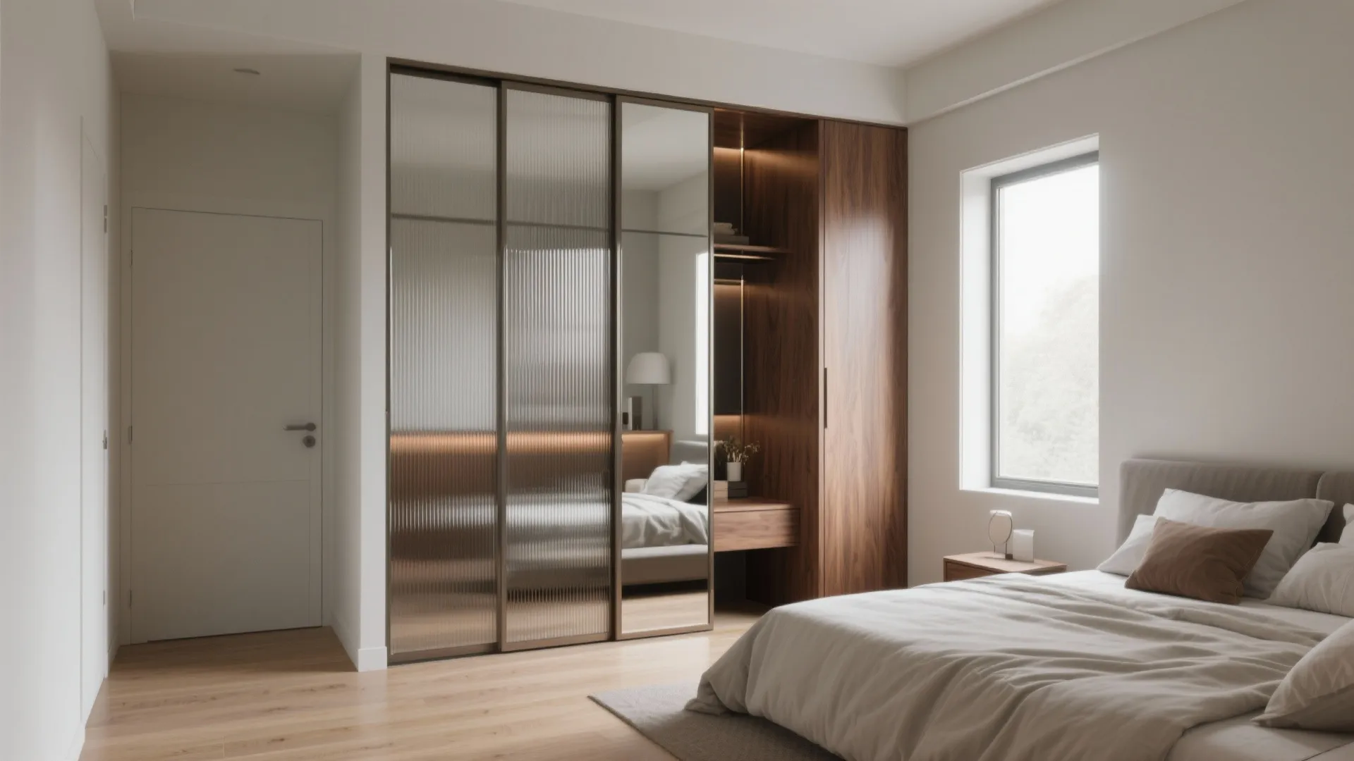Modern bedroom with wooden sliding door cabinet glass panels white walls soft bed and natural light