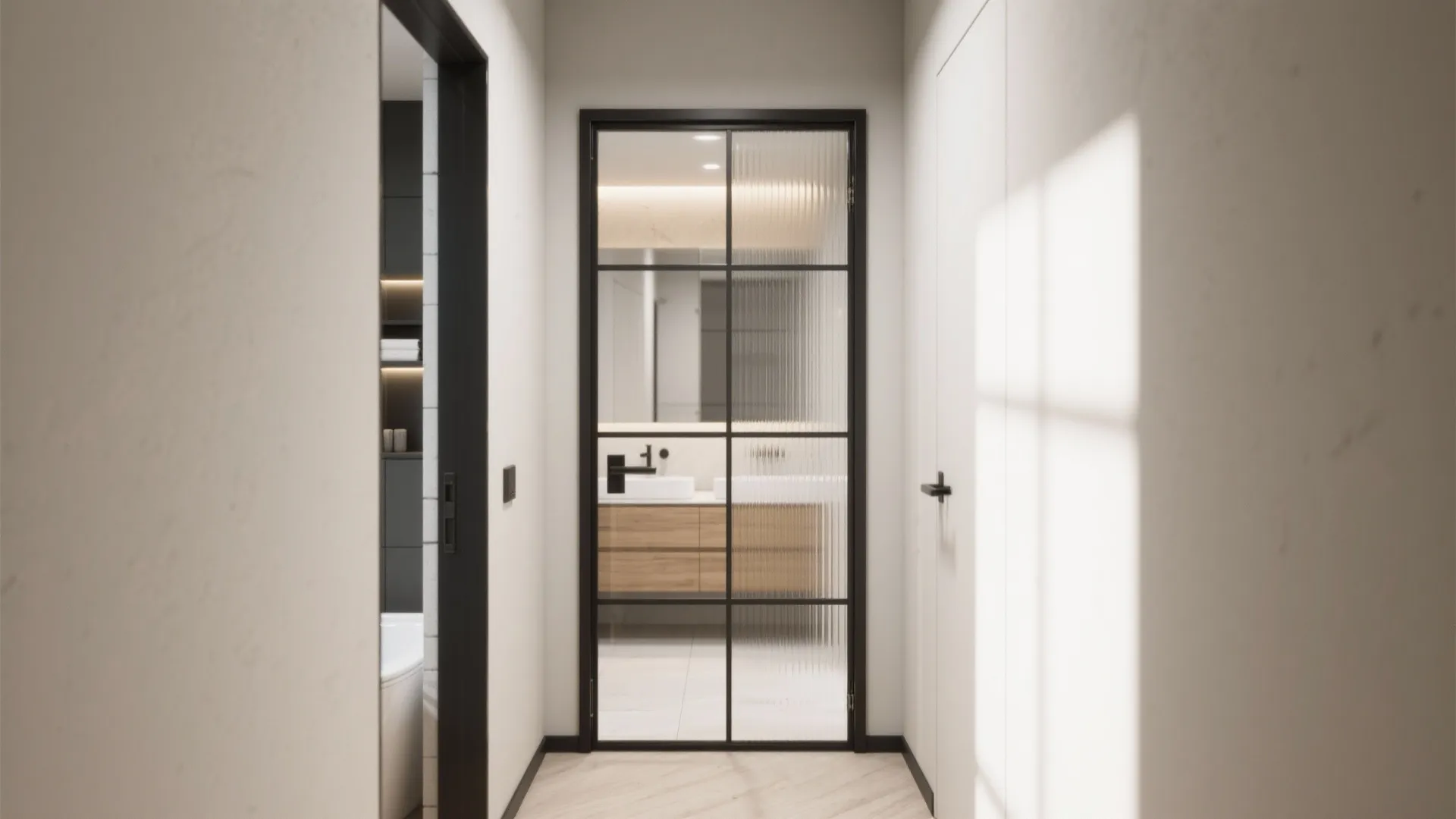 Modern hallway leading to a bathroom with a black frame glass door and wooden cabinet