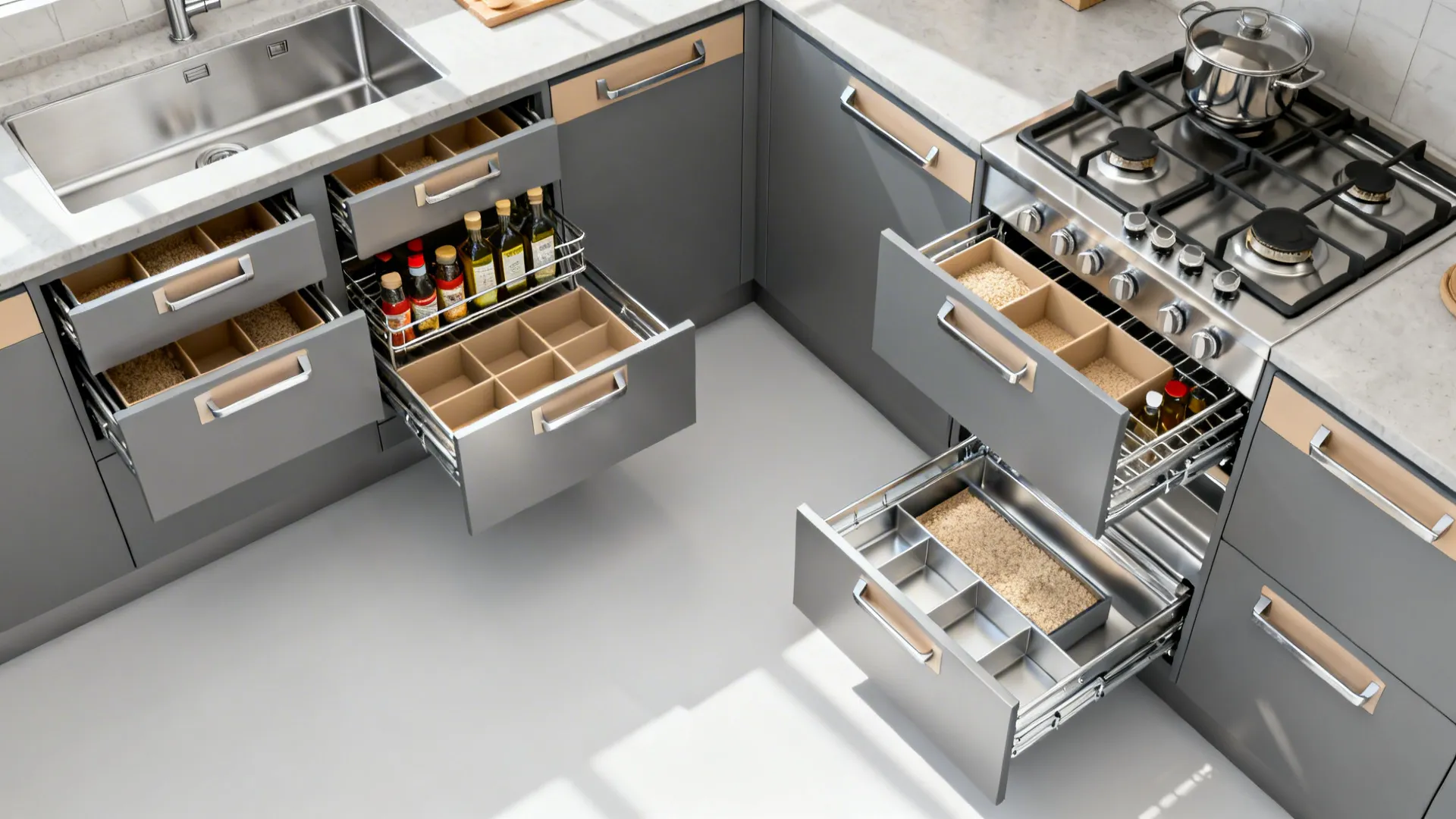Top-down view of deep drawers, slim spice pull-out, and a corner carousel in aluminium cabinets.
