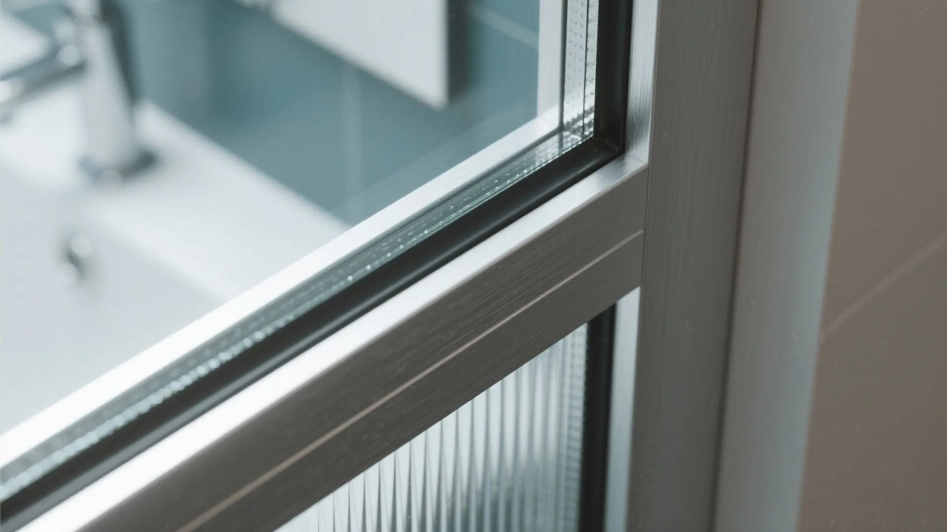 Close up view of a silver metal window frame with double glass in a bathroom