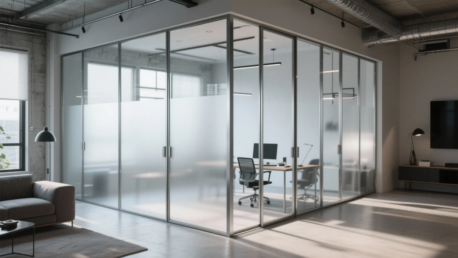 Modern office interior featuring glass wall divider with sliding doors and grey sofa in foreground
