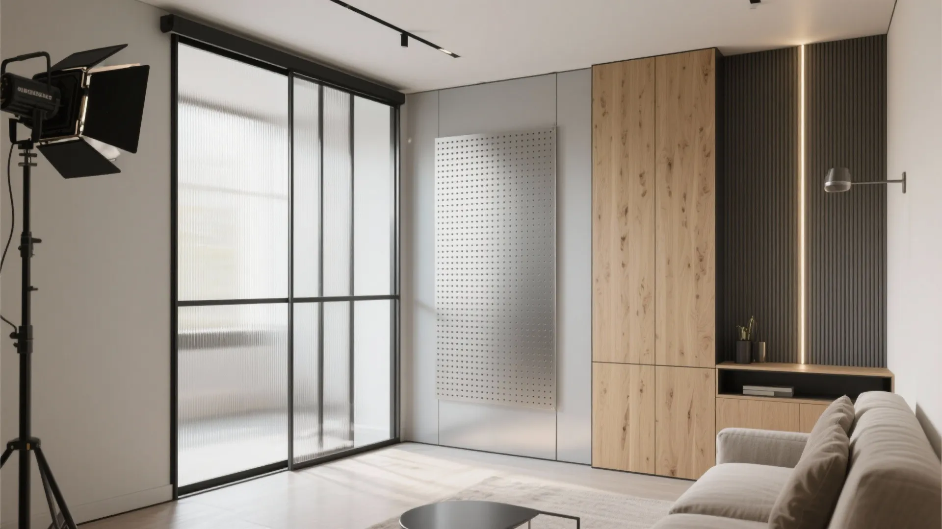 Modern living room featuring a glass sliding door wooden cabinet grey sofa and metal pegboard