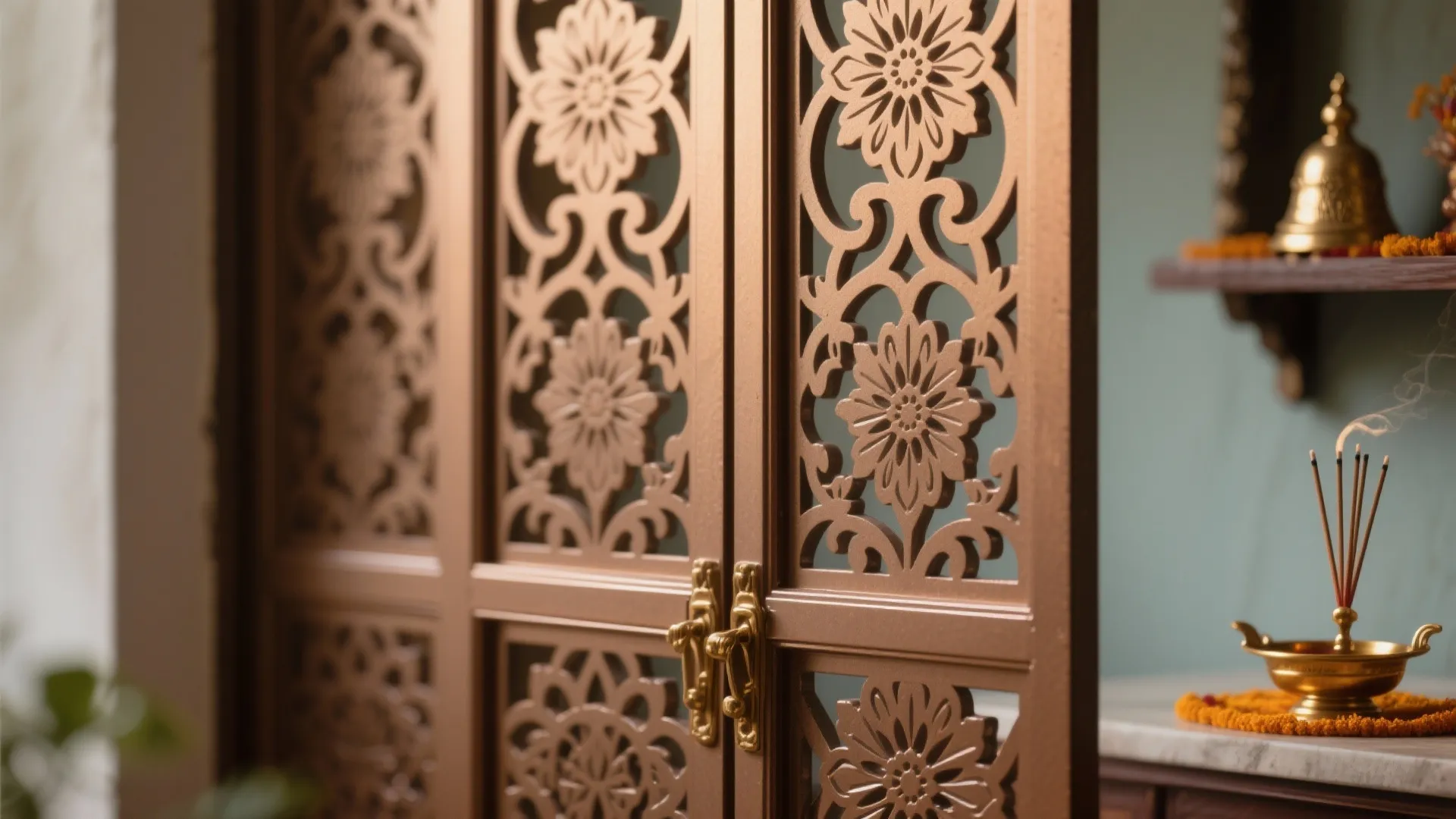 Brown metal screen with flower patterns next to burning incense and gold bell on shelf