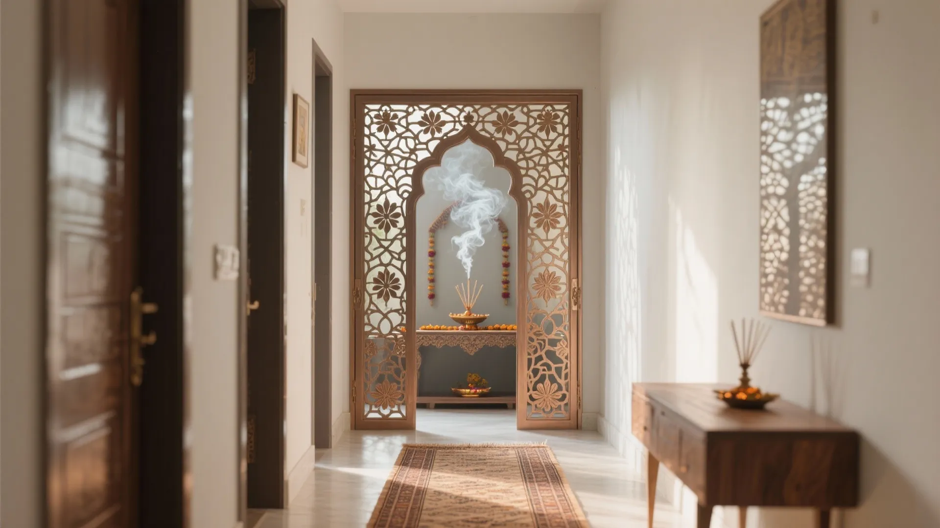 Bright hallway with white walls and a decorative metal screen door showing a prayer area