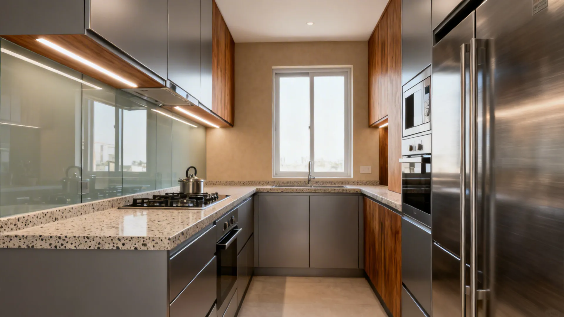 Modern kitchen featuring grey base cabinets wooden upper cabinets granite countertop oven and stainless fridge