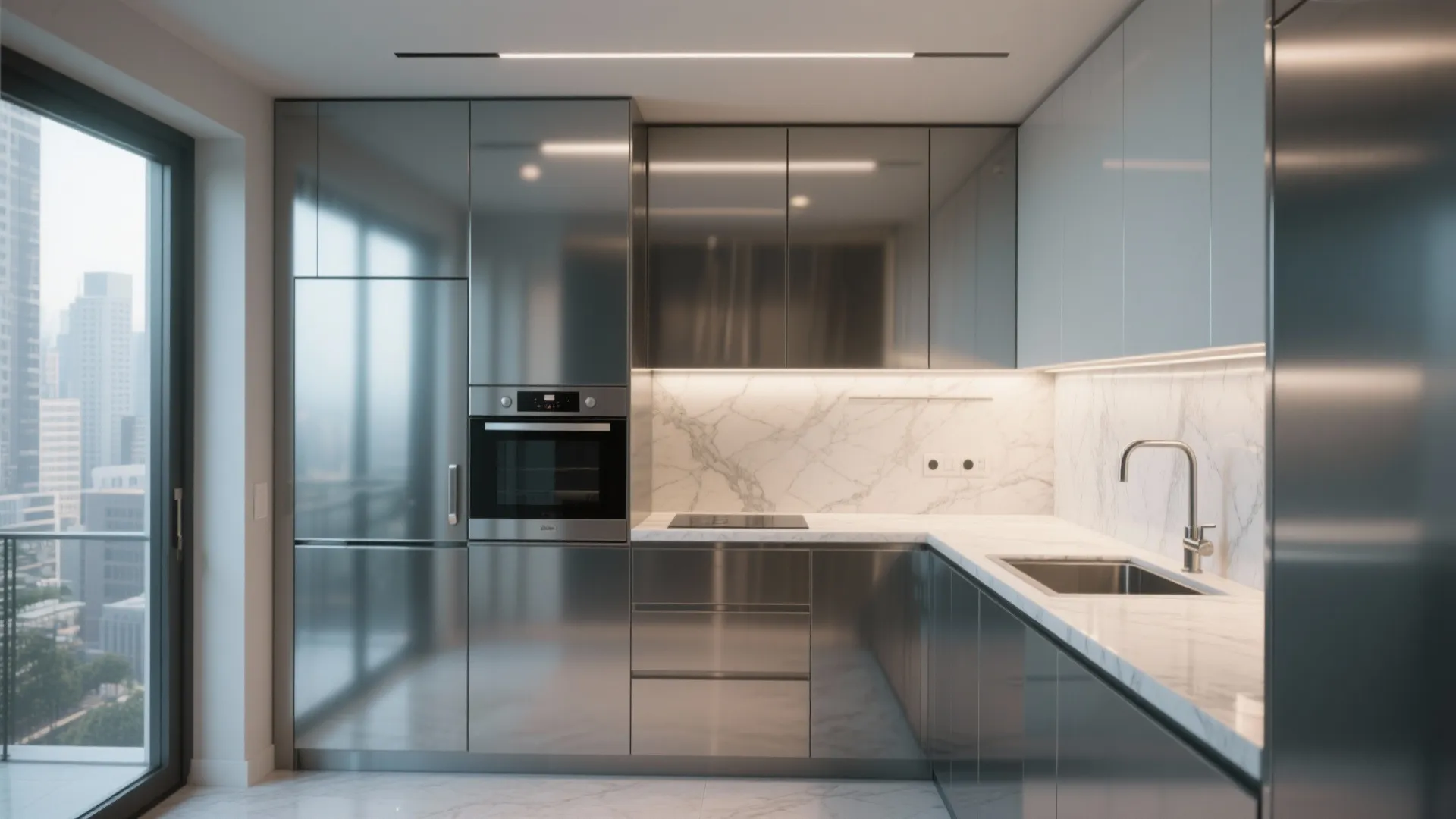 Modern grey kitchen design with marble wall metal cabinets built-in oven and a balcony view