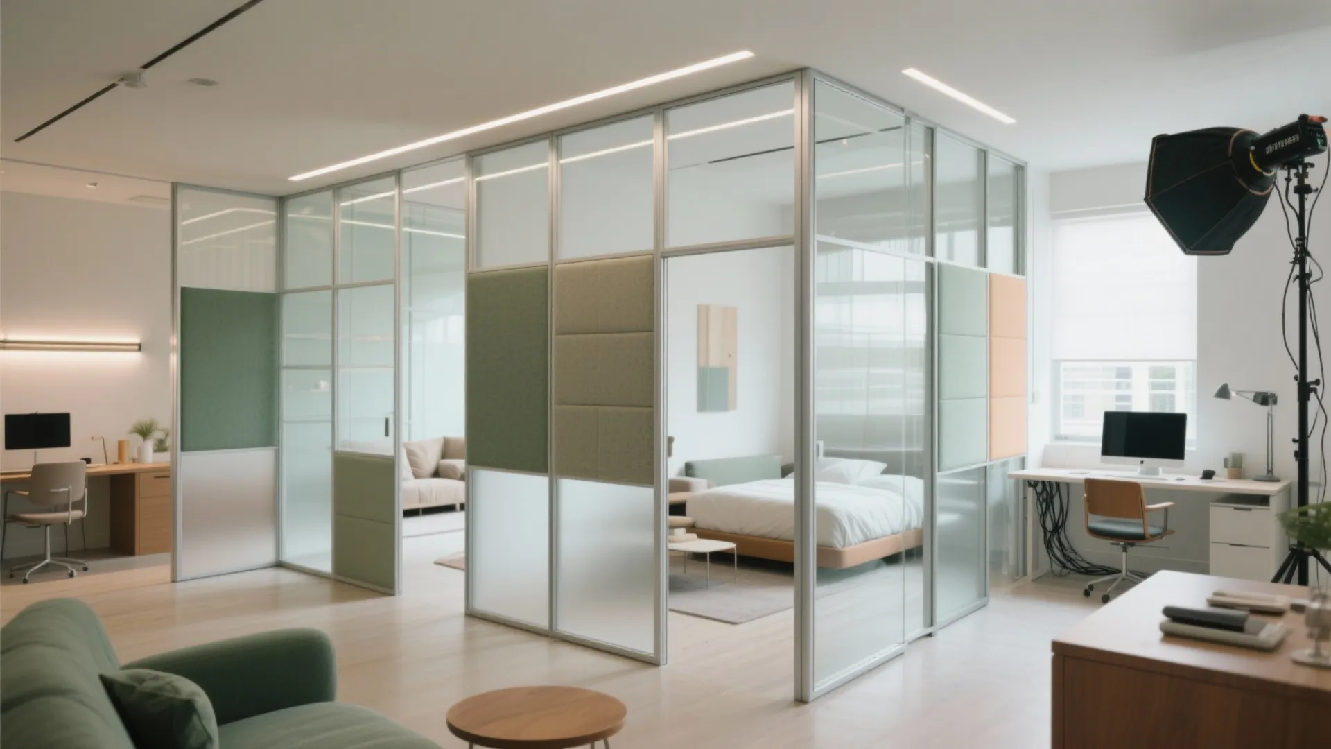 Glass wall partitions with green panels separating bedroom and home office in modern interior design