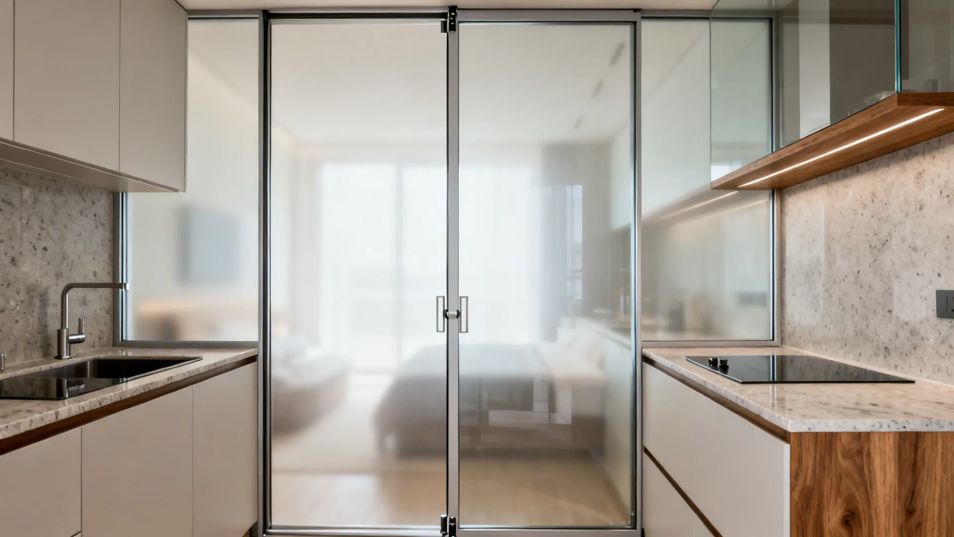Slim aluminium pivot door with clear glass elevates a compact studio kitchen with a boutique feel.