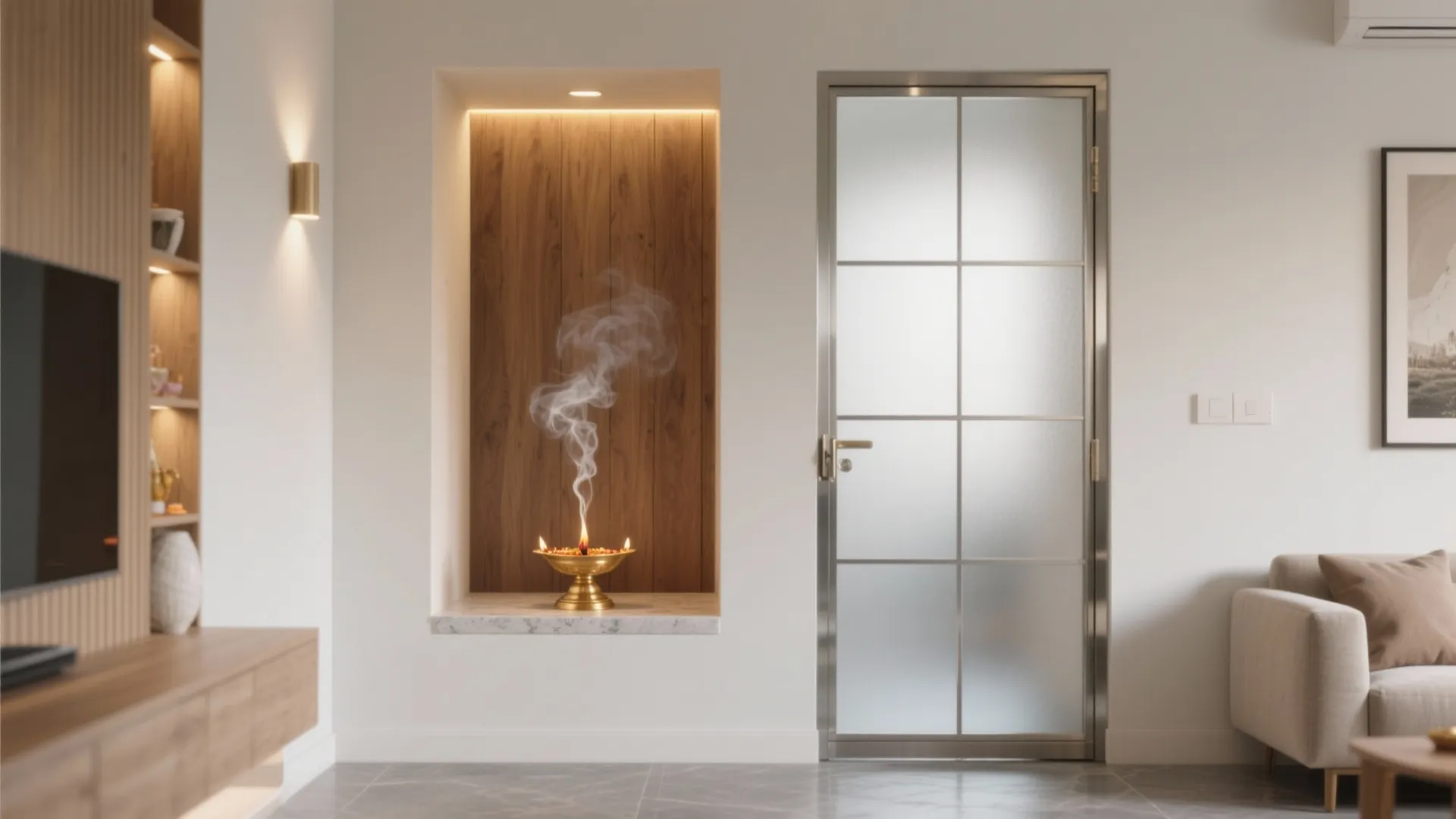 Modern living room featuring a wooden wall niche with burning incense next to glass door