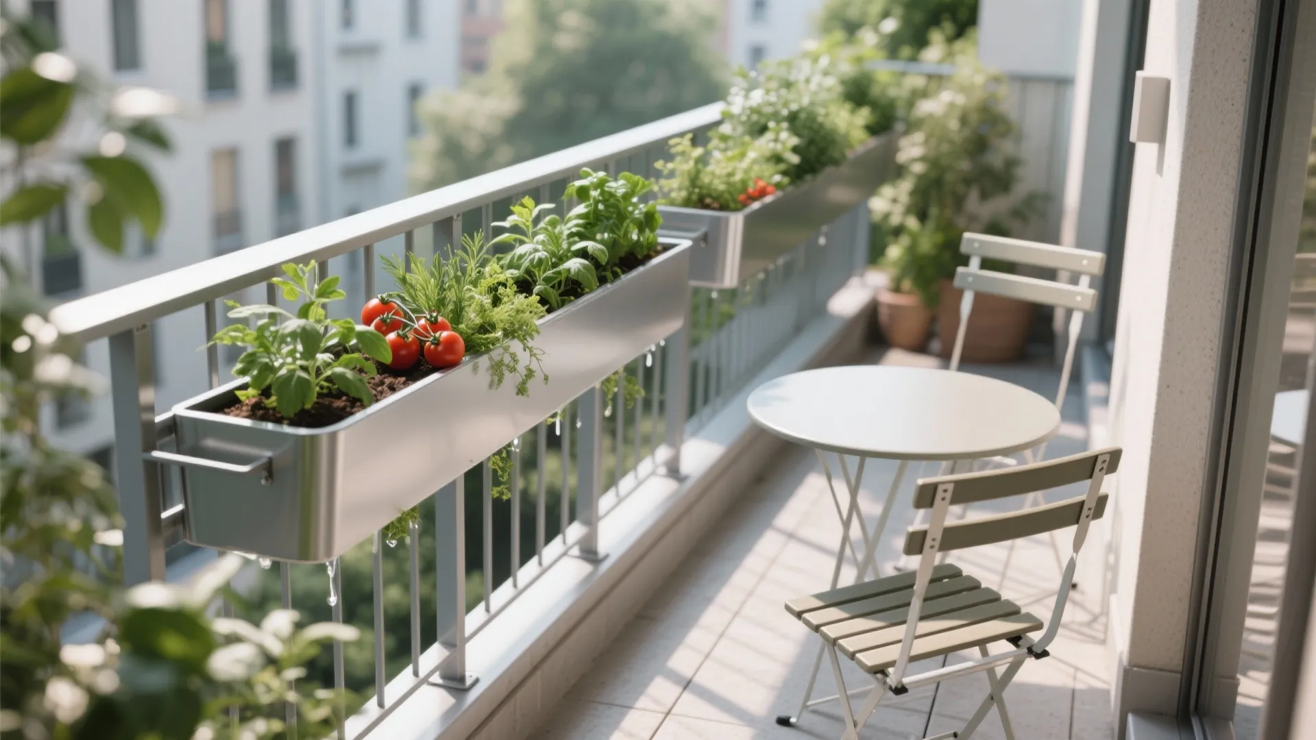 3) Slim aluminium planters with integrated railing brackets