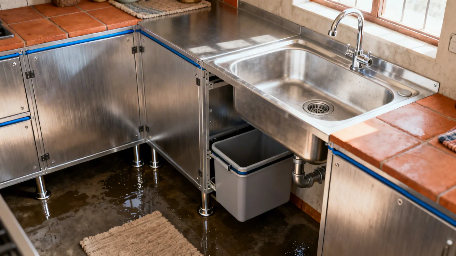 Stainless steel kitchen cabinets with sink and trash bin under orange tile counter top view