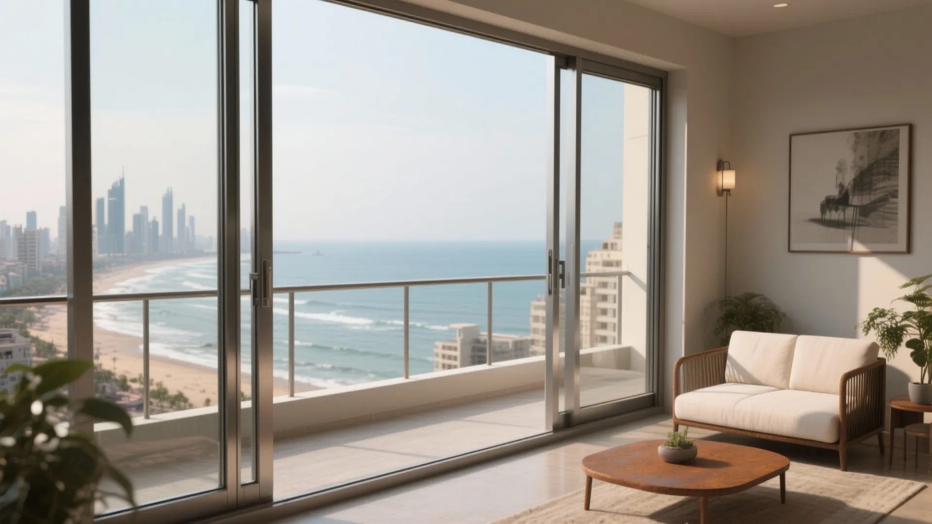Living room with sliding glass doors balcony beach view sofa coffee table rug and art