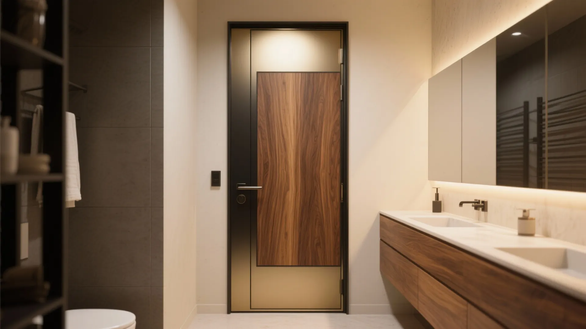 Modern bathroom with a wooden door featuring gold metal trim and a large wood cabinet