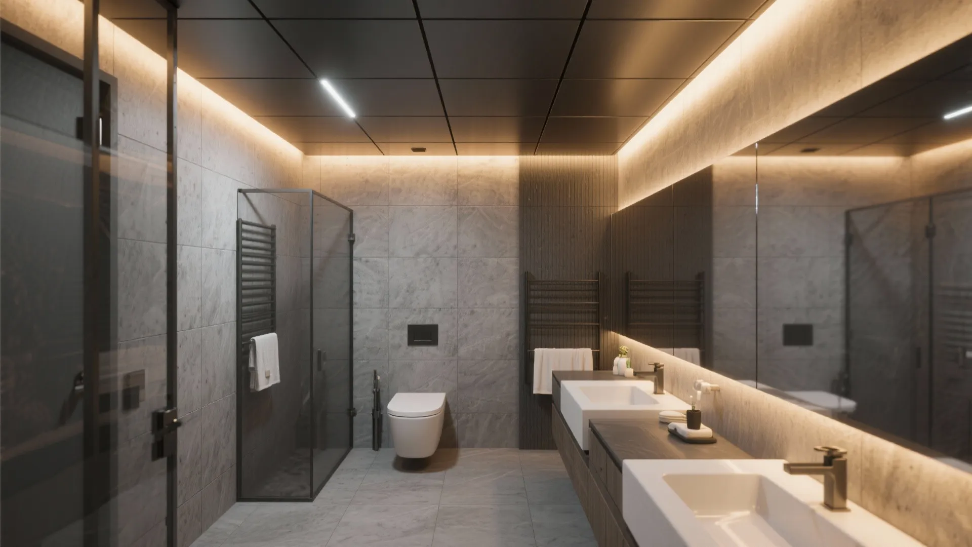Modern dark grey bathroom with panel ceiling hidden light fixture double sink and glass shower