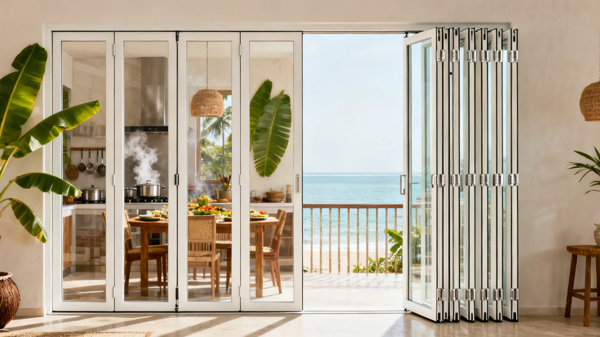 Aluminum bi-fold glass doors shown closed and stacked open in a Kerala dining-kitchen space.