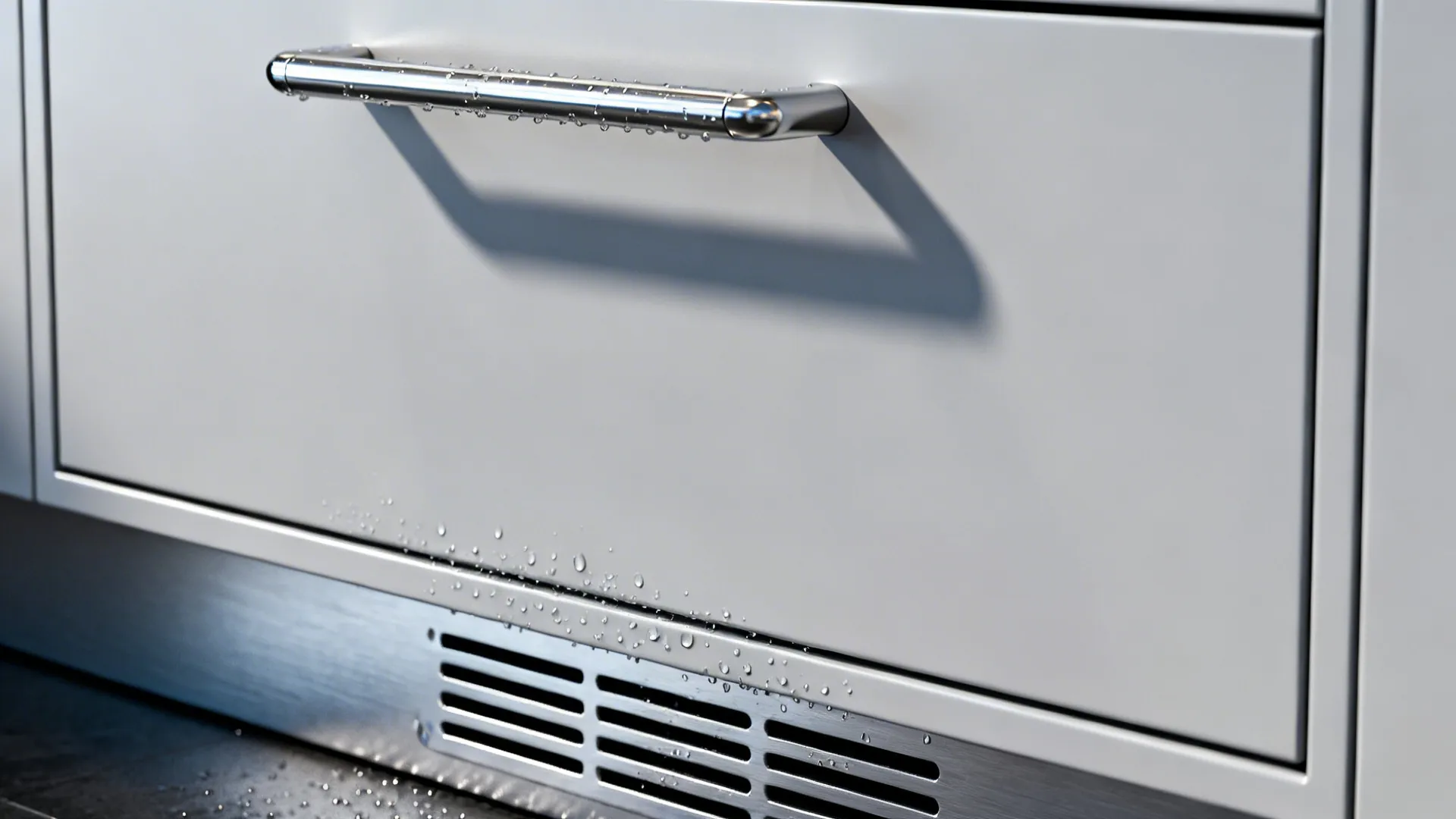 Macro of powder-coated aluminum door with stainless pull and toe-kick vents showing durable texture.