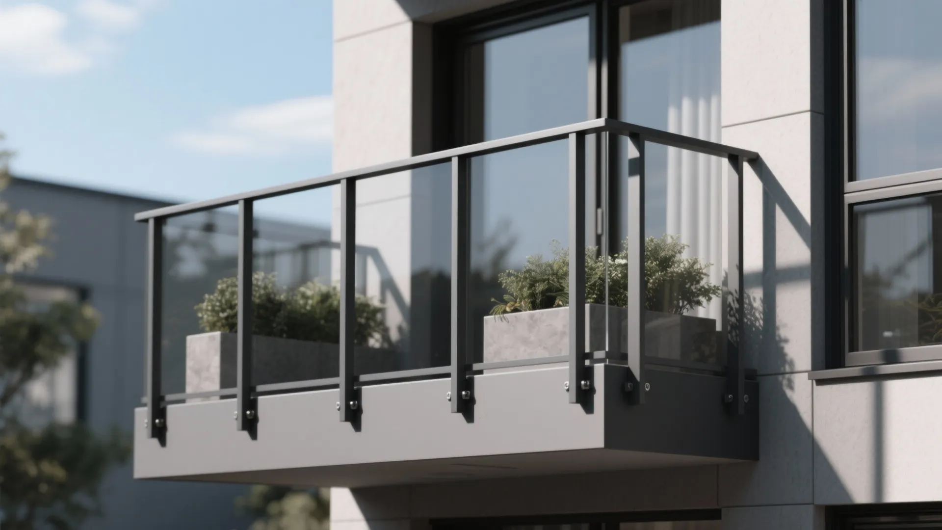 Modern balcony with black metal frame glass railing and green plants in grey stone pots