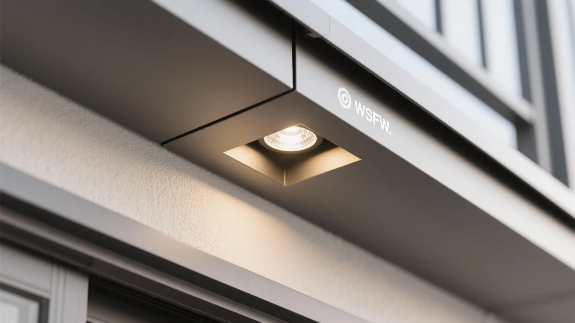 Close up view of a square recessed ceiling light fixture installed on a modern grey balcony