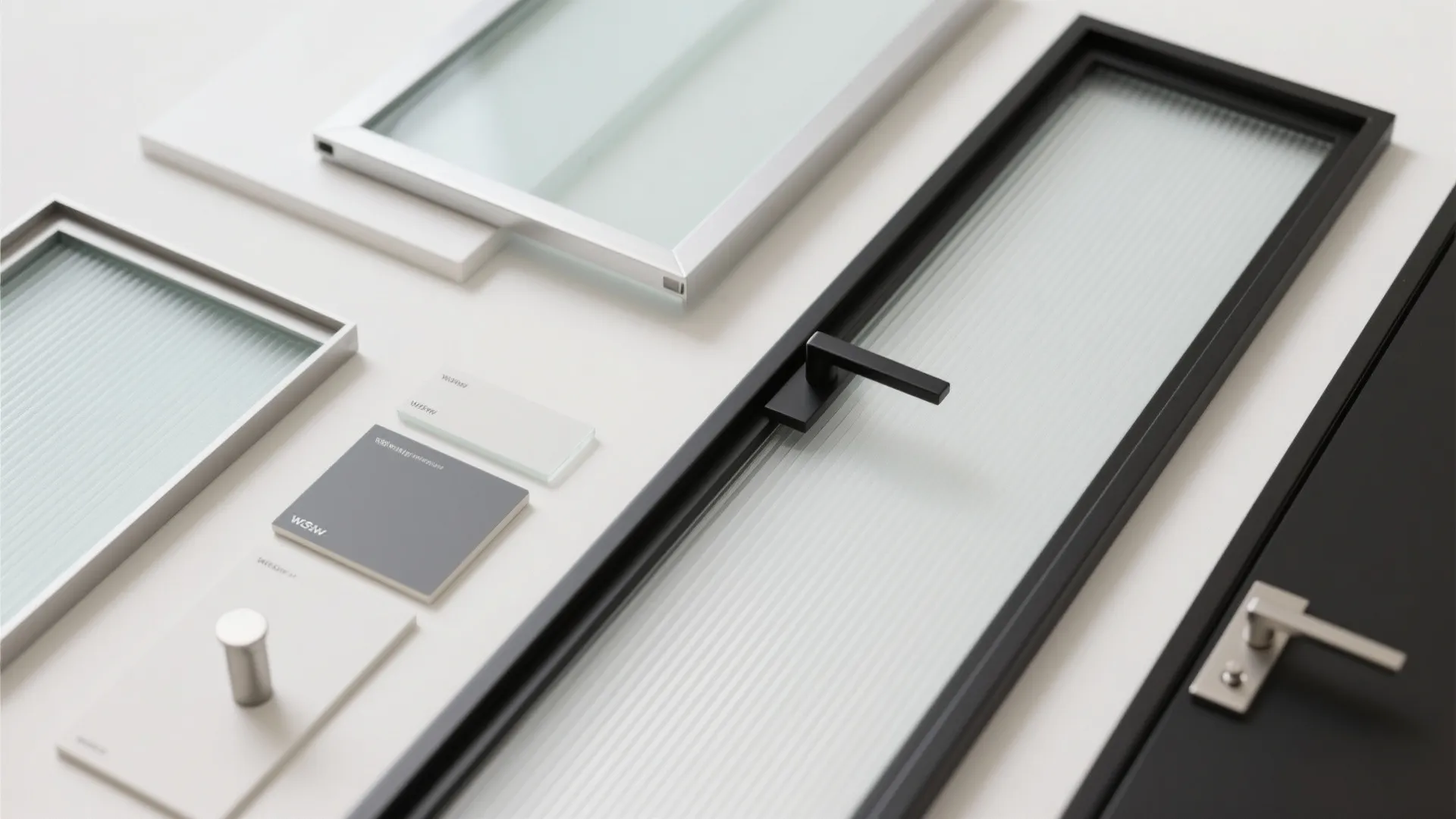 Interior design materials showing glass door frames color samples and metal handles on a white surface