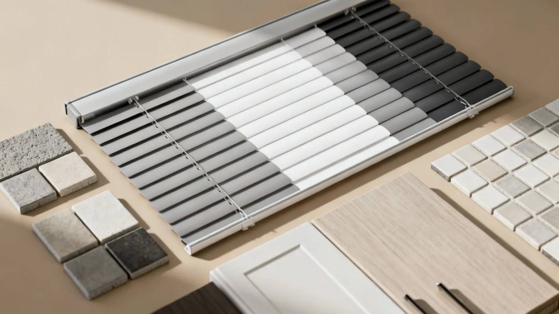 Flat lay showing window blind slats, stone tiles, wood samples, and mosaic tiles on tan background