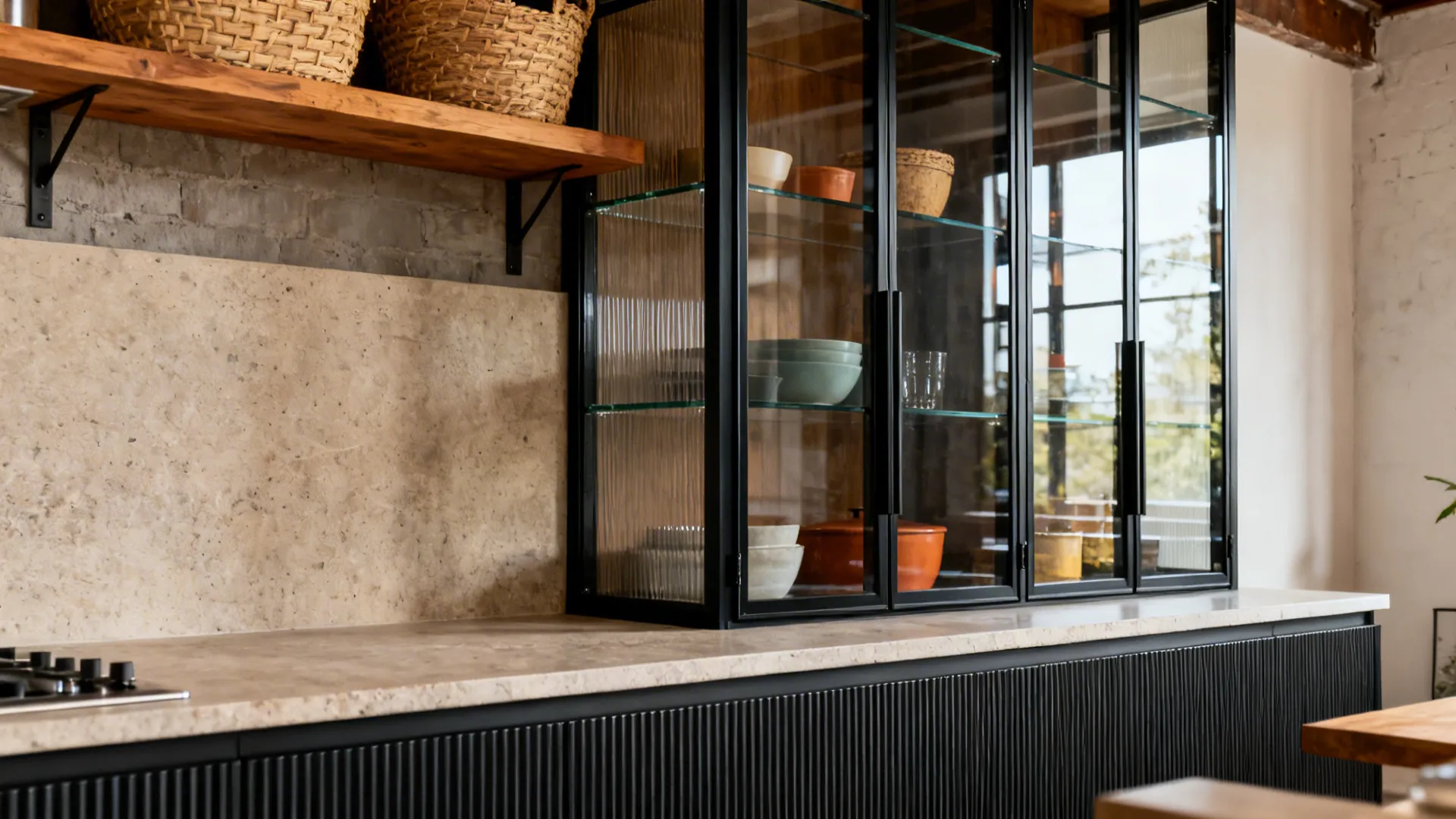 Loft kitchen with black ribbed aluminum-framed clear glass cabinet doors and warm wood accents.
