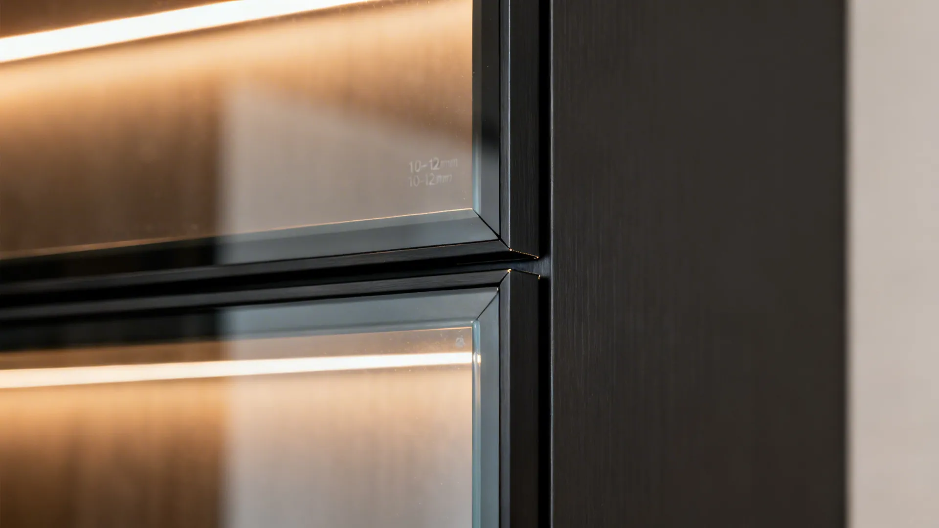 Close-up of a thin black anodized aluminum cabinet frame corner with set glass.