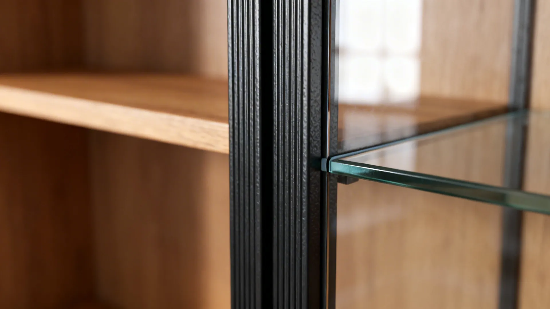 Macro of ribbed black aluminum cabinet frame and low-iron glass junction.