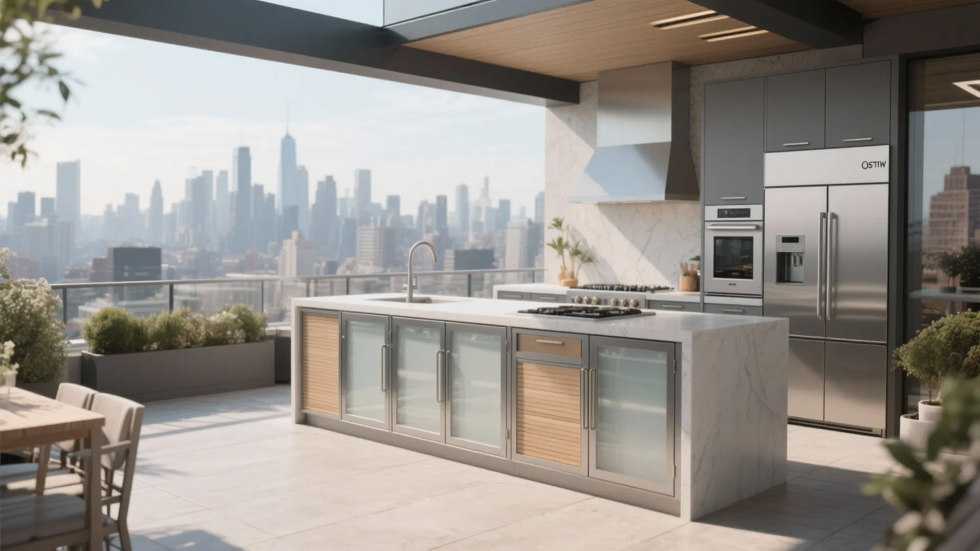 Rooftop terrace kitchen with aluminum-framed cabinet doors and composite or frosted glass inserts