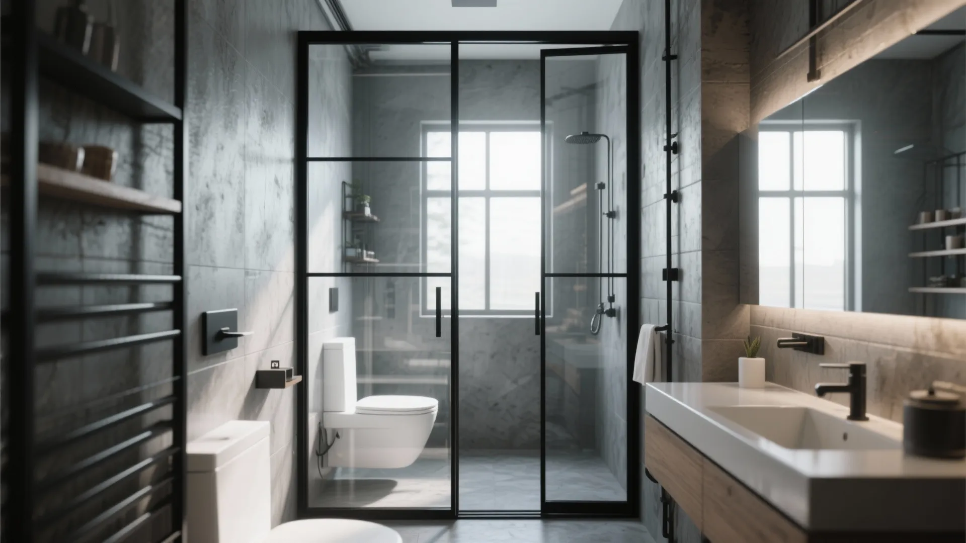Industrial style bathroom with black metal glass shower door grey stone tiles and white sink cabinet