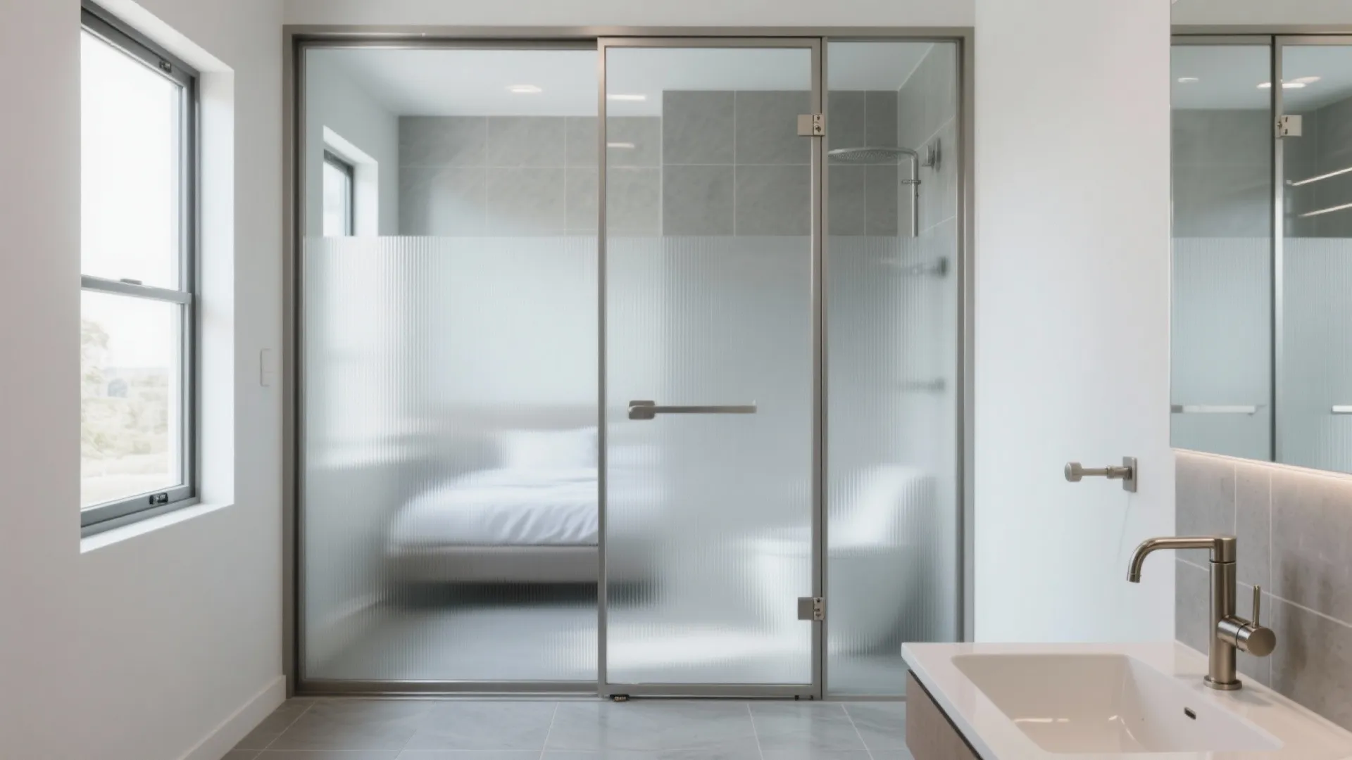 Windowless ensuite with aluminum-framed frosted tempered glass door that diffuses light.