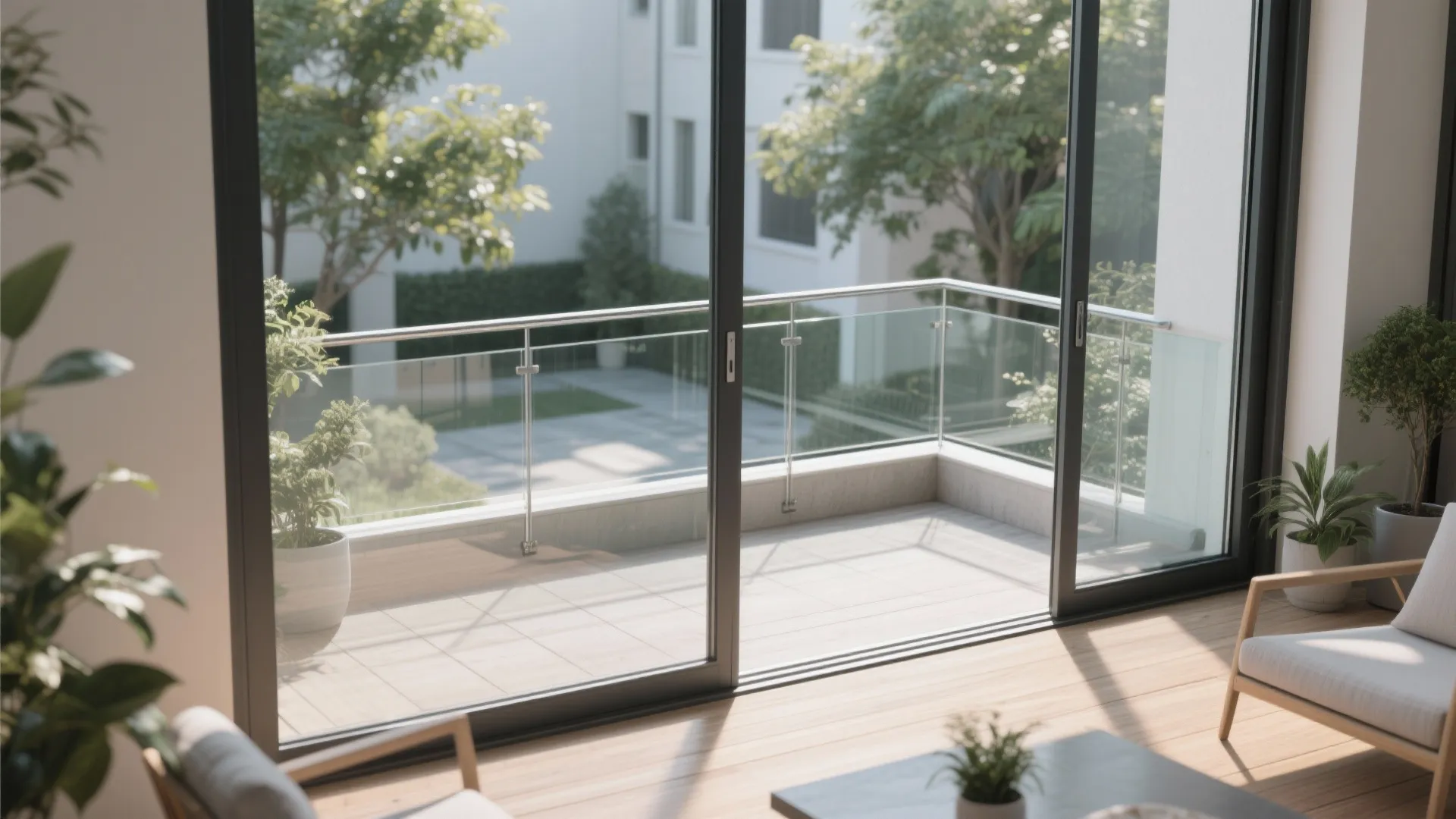 Aluminum frame balcony railing with clear laminated glass and subtle frosted privacy band.