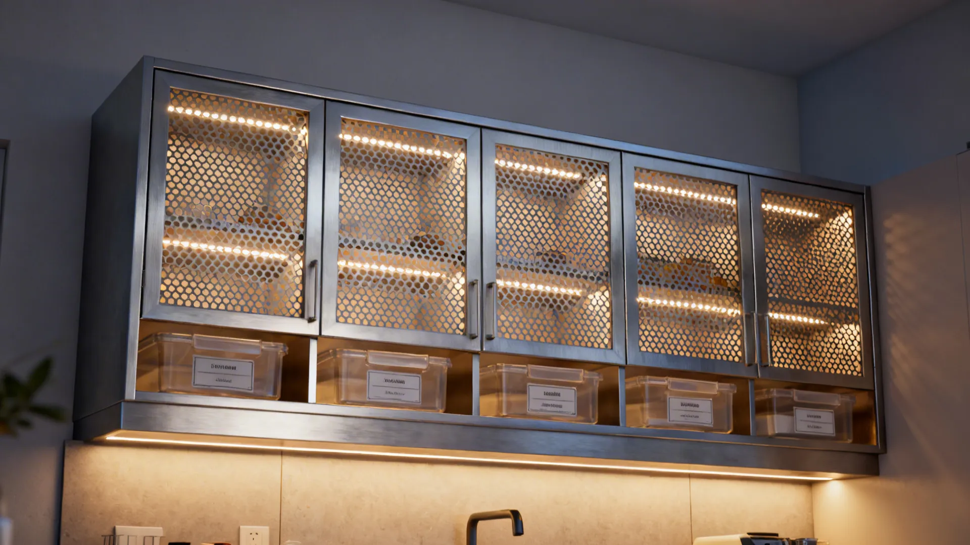 Anodized aluminum jali upper cabinets glow with warm LEDs, softly lighting a compact kitchen.