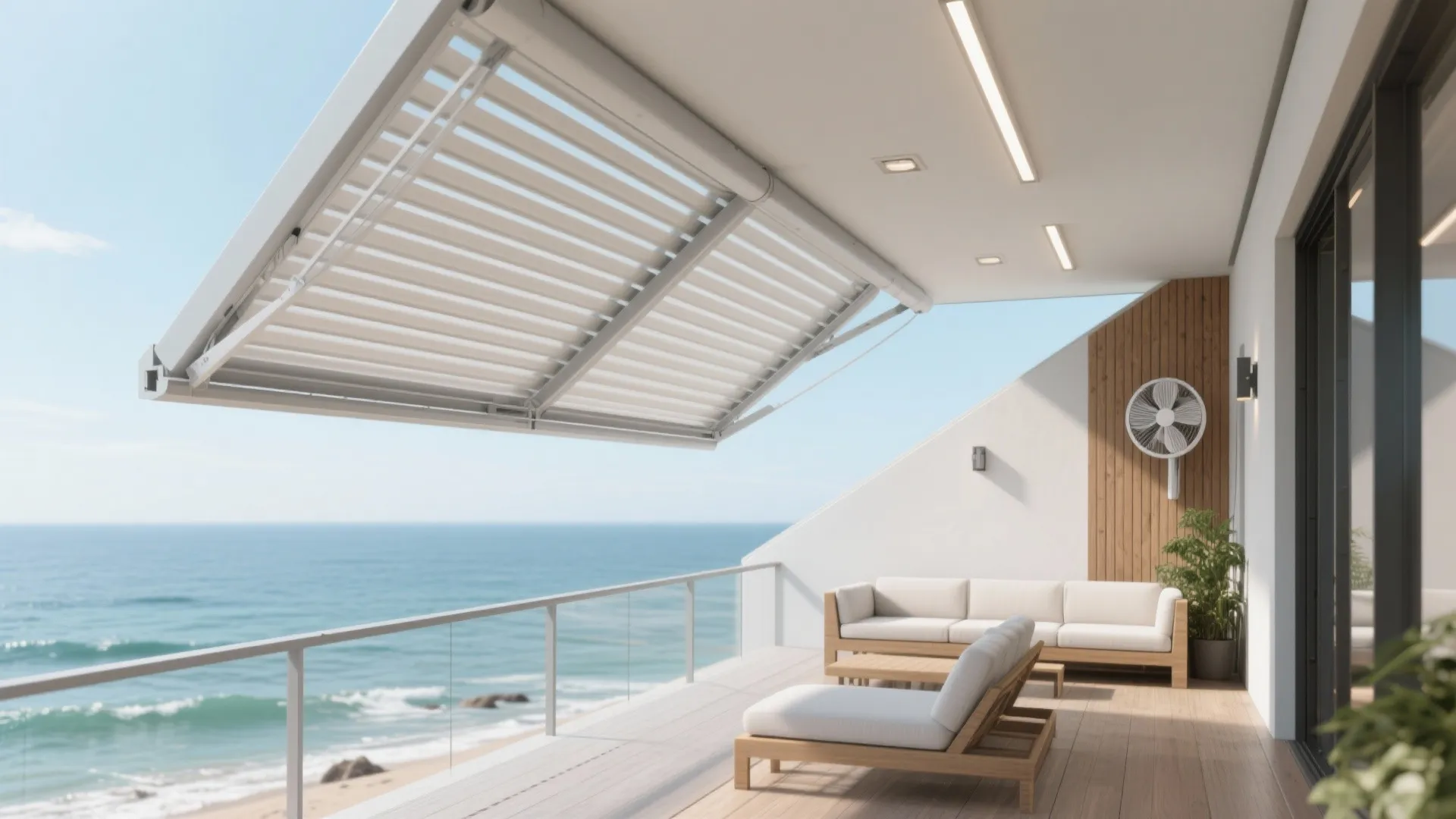 Modern outdoor balcony with white sofa wood floor ceiling light ocean view and adjustable roof window
