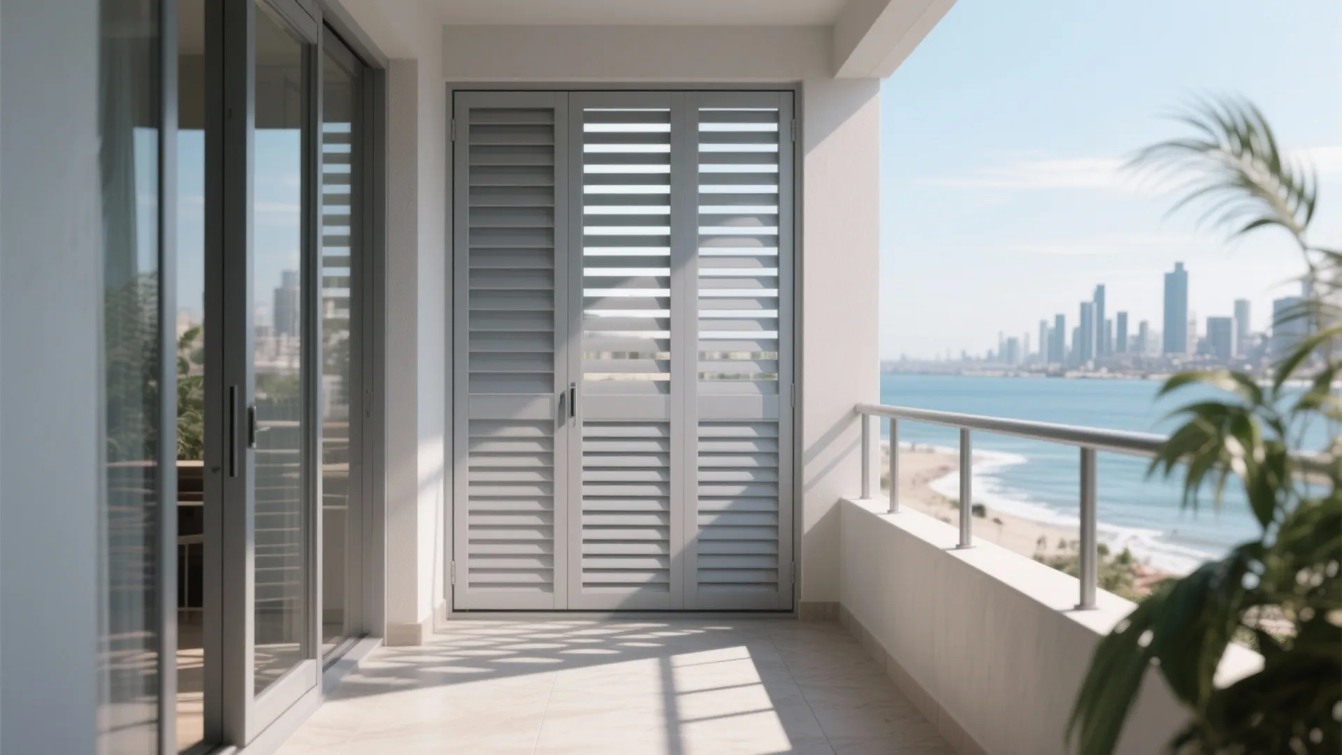 Balcony facade with adjustable aluminum louvers casting soft linear shadows.