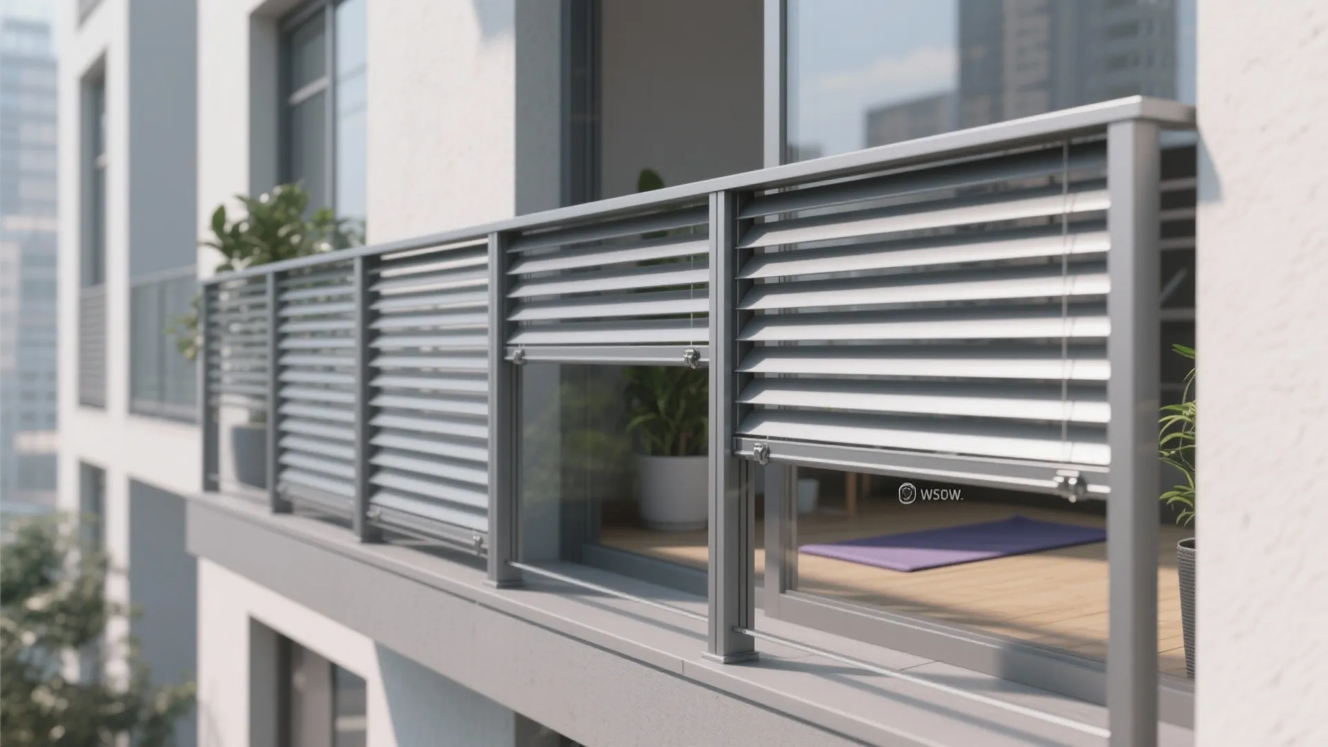 Aluminum balcony grill with adjustable louvers and slim profile in soft daylight.