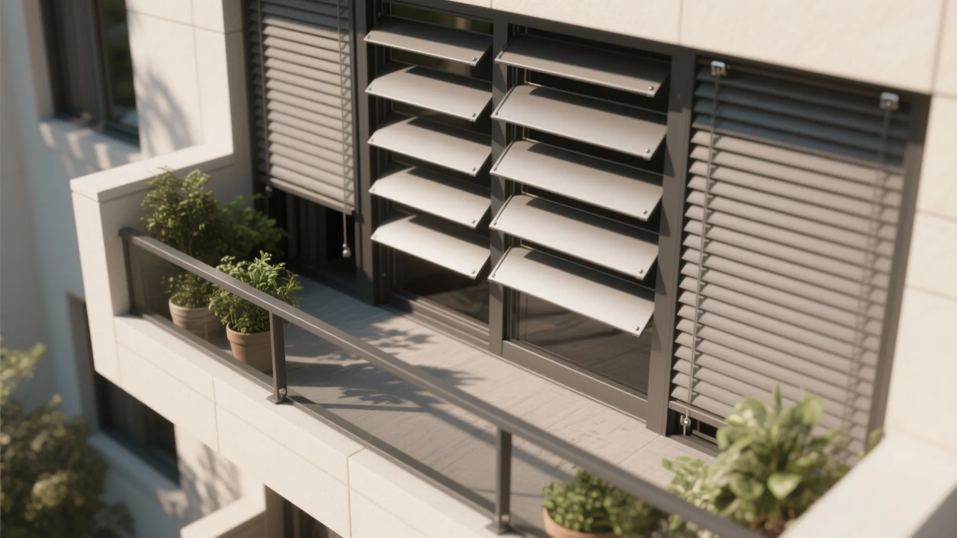 Exterior view of a balcony with dark metal window shutters and green potted plants outside