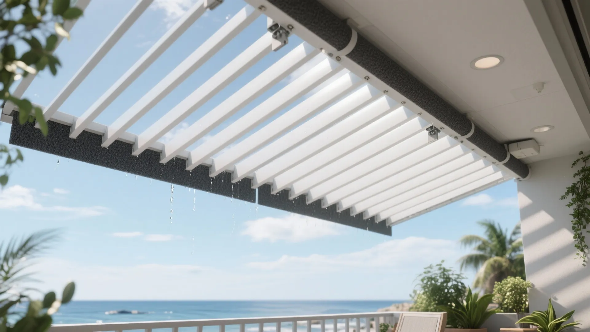 White adjustable roof window system on a sunny balcony with ocean view and green plants