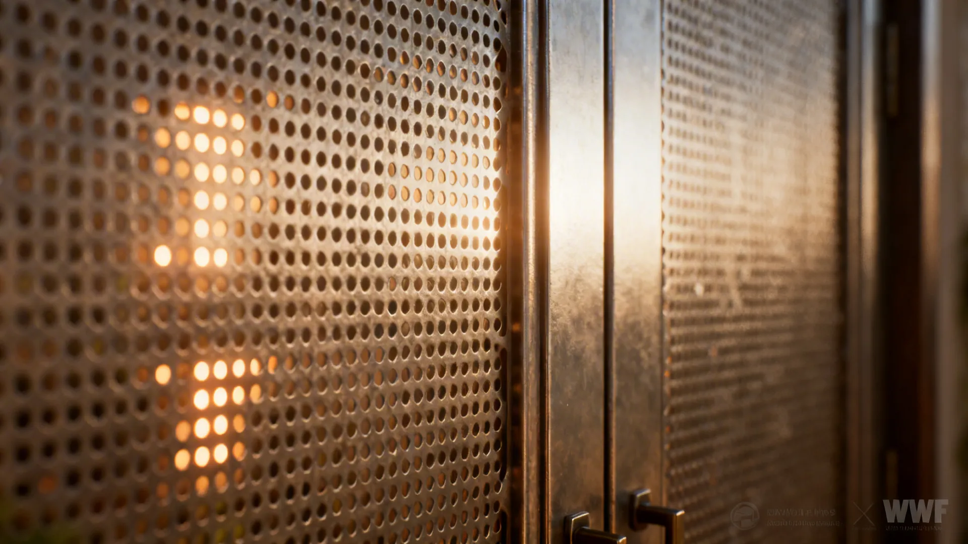 Macro of satin anodized aluminum micro-perforated jali door with warm LED glow behind.