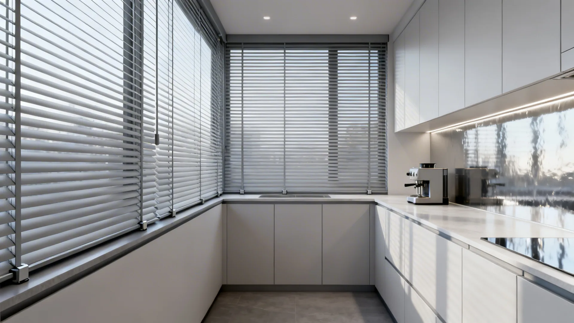 Modern white kitchen with grey metal blinds on large windows and coffee machine on counter