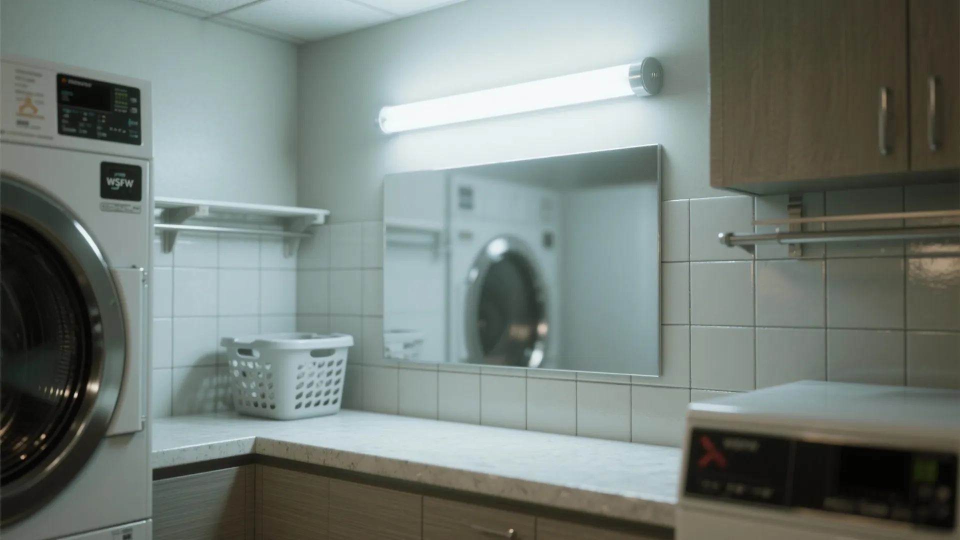 Laundry room with a fluorescent tube and an aluminum panel backing that reflects light into corners.