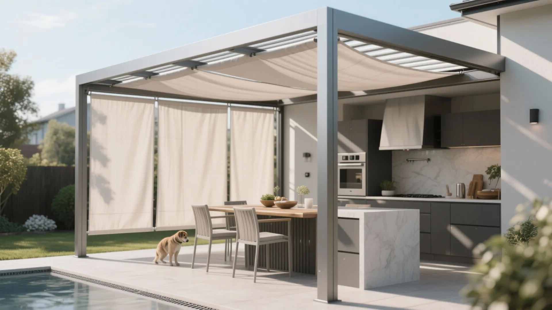 5. Lightweight Aluminum Pergola with Fabric Shades