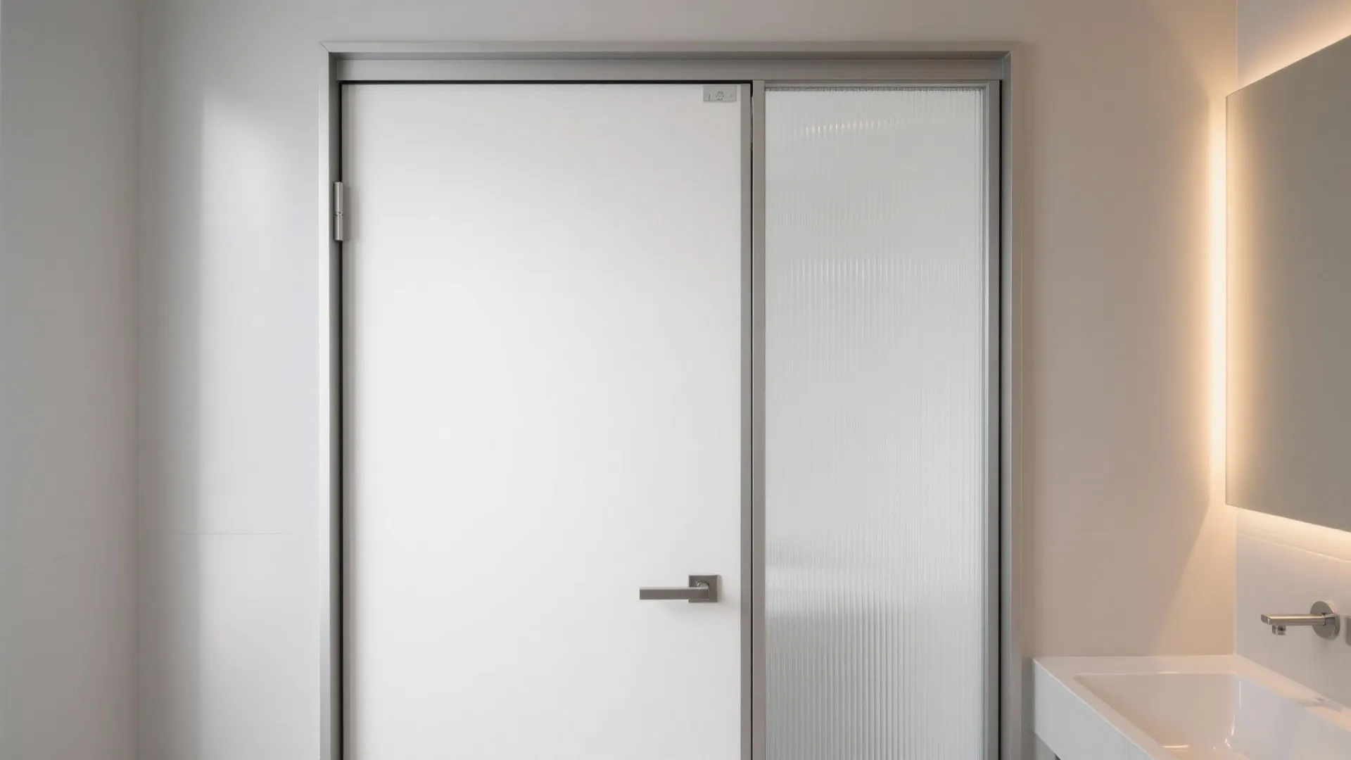 Minimalist white bathroom door with a metal handle next to a frosted glass wall panel
